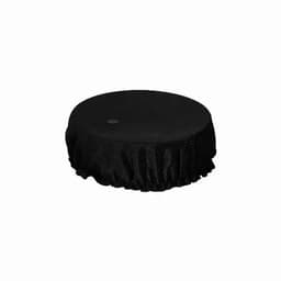 A round black product with a frilled edge, featuring a small dot in the centre and a simple design.