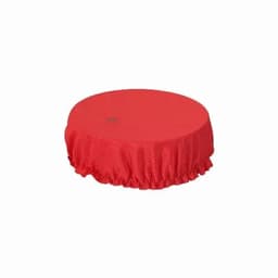 A round red drink bottle cover with a ruffled edge, featuring a small logo on the surface.