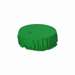 A green round table cover with a ruffled edge, designed to fit a standard table size.