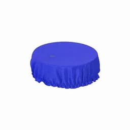 A blue circular drink bottle cover with a gathered edge and a small dot on top, featuring a logo.