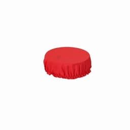 A red round table cover with a gathered edge, featuring a logo on the surface.