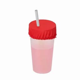 A drink bottle with a clear body, pink liquid, and a red lid with a straw. It features a logo.