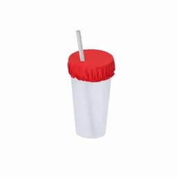 A drink bottle with a white body and a red scrunchie lid, featuring a straw. It has a logo on the side.