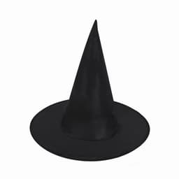 A black witch's hat with a tall pointed crown and a wide brim. The fabric appears smooth and glossy.