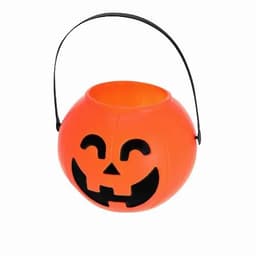 An orange pumpkin-shaped container with a black handle and smiling face, ideal for Halloween treats.