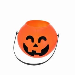 A Halloween treat bucket in bright orange, featuring a smiling jack-o'-lantern design and a black handle.