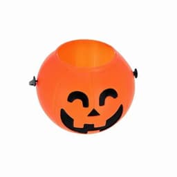 An orange pumpkin-shaped bowl with a smiling face and black details, suitable for Halloween-themed decorations.