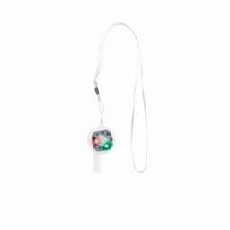 A light-up keychain with a white lanyard, featuring a circular design and multiple coloured lights. It includes a logo.