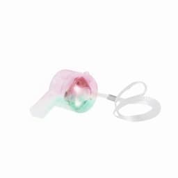 A drink bottle with a transparent body and a pink and green light feature, including a strap for carrying.