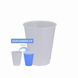 A colour-changing cup in a translucent white hue, with a blue shade indicating cold temperature. It features a branding logo.