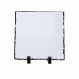 A square slate board with a jagged edge, supported by black stands. The surface is blank and smooth.