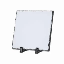 A slate photo frame with a textured edge, displayed on a black stand. The frame is blank and unmarked.