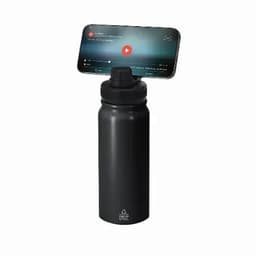 A drink bottle in black with a screw-top lid, featuring a holder for a smartphone on top.