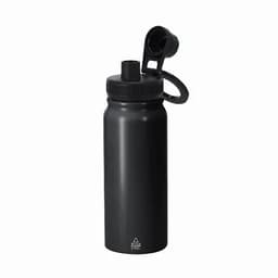 A drink bottle in matte black, featuring a sports cap and a carrying loop, with a logo on the front.