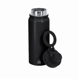 A drink bottle in matte black with a metal lid and removable cap, featuring a branding logo.