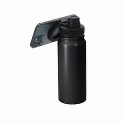 A drink bottle in matte black, featuring a screw-top lid and a logo, positioned next to a smartphone.