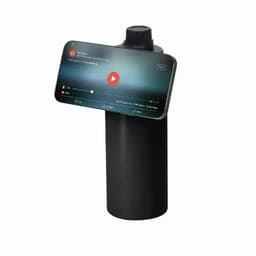 A drink bottle in black, designed with a phone holder feature for easy viewing. It includes a logo on the side.