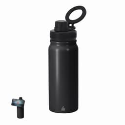 A drink bottle in matte black with a screw top and a carrying loop, featuring a logo.