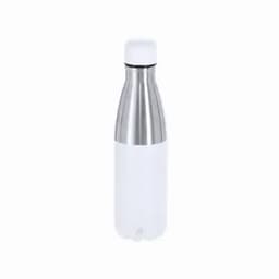A drink bottle with a stainless steel body and a white exterior, featuring a sleek design and a screw-on lid.