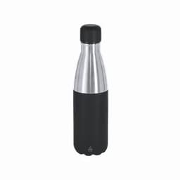 A drink bottle with a stainless steel body and a black silicone sleeve, featuring a black screw-on lid and a logo.
