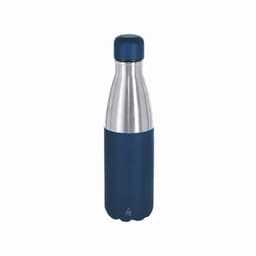 A drink bottle featuring a stainless steel body and a blue matte finish, topped with a blue cap.