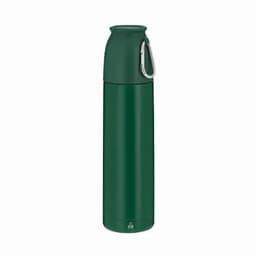 A drink bottle in dark green with a secure screw top and a metal carabiner attached.