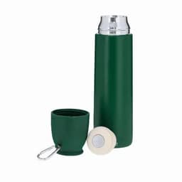 A green drink bottle with a silver lid, accompanied by a matching cup and a keychain attachment.