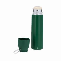 A drink bottle in a dark green colour with a stainless steel top and a matching green cup attached by a keyring.