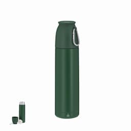 A drink bottle in dark green with a sleek design, featuring a cap and a carabiner for easy carrying.
