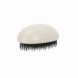 A hairbrush with a white, rounded top and black bristles. The design is smooth and minimalist.