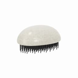 A hairbrush with a rounded, speckled white top and black bristles, featuring a simple design.