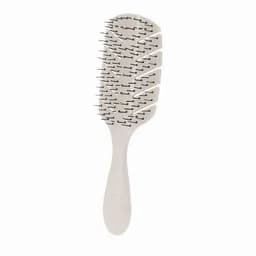 A hairbrush with a wide paddle design, featuring a beige handle and black bristles. It has a simple and sleek appearance.