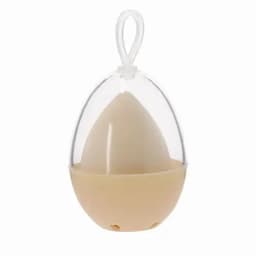 A beige egg-shaped product inside a transparent casing, featuring a loop for hanging.