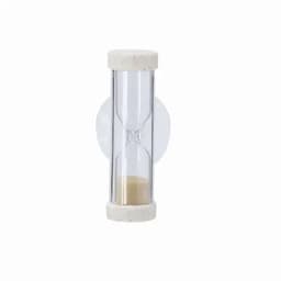 A glass hourglass with beige sand and textured white ends, featuring a simple design and a logo.