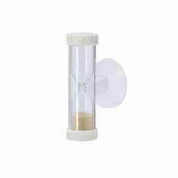 A sand timer with a clear hourglass design, featuring white ends and golden sand inside. It has a suction cup for mounting.