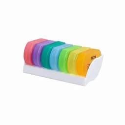 A set of colourful storage containers in pastel shades, arranged in a white holder.