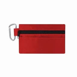 A slim red wallet with a zippered compartment and a carabiner clip for attachment.
