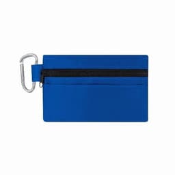 A blue wallet with a zippered pocket and a carabiner clip for attachment. Features a flat design and compartments.
