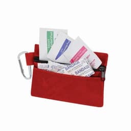A red first aid pouch containing various bandages and medical supplies, with a carabiner attached.
