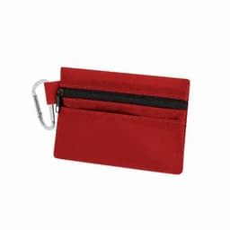 A red cardholder featuring a zippered pocket and a silver carabiner clip for easy attachment.
