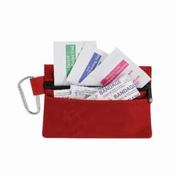 A red first aid pouch with a zipper containing assorted medical supplies and a carabiner clip.