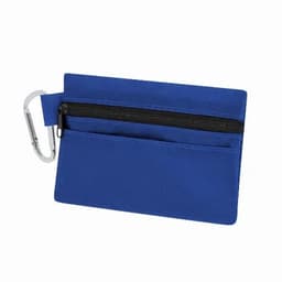 A blue card wallet with a zippered pocket and a carabiner attached for easy carrying.