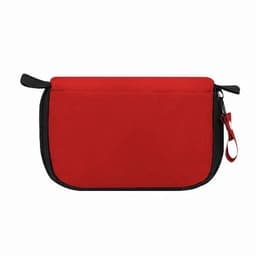 A red pouch with a black zipper and accents, featuring two zipper pulls on the sides.
