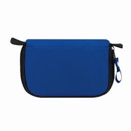 A blue zippered pouch with a black trim and two side handles. It features a logo on the front.