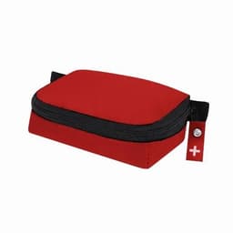 A red zippered pouch with a black trim featuring a small logo tag. Ideal for storing small items.
