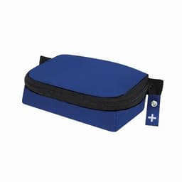 A blue zippered pouch with a flat design and a small loop for attachment. It has a simple logo on the side.