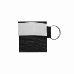 A black drink bottle holder with a grey strap and a metal ring for attachment.