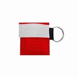 A promotional item featuring a red fabric with a white tag and a metal ring attachment.
