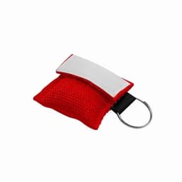 A red keychain accessory with a small pouch design and a metal keyring attachment.