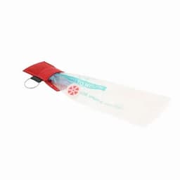 A drink bottle with a transparent body and a red cap, featuring a loop for attachment.